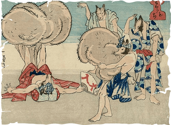 Tanuki tập cử tạ bằng Kintama, vẽ bởi hoạ sĩ Kuniyoshi Utagawa. Ảnh: @curiousordinary